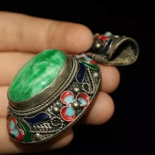 China old Handmade Bring good luck Tibetan silver Cloisonne jade
