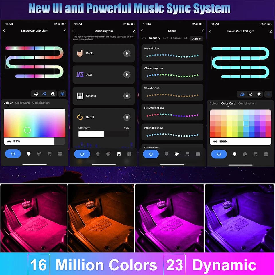 4x 72 LED RGB Interior Atmosphere Light Strip + Remote Control APP For Cadillac - Image 4 of 4