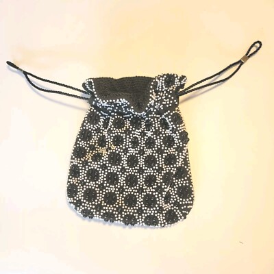 Vintage Emson Pouch Black and White Beaded Satchel Draw String Closure Purse