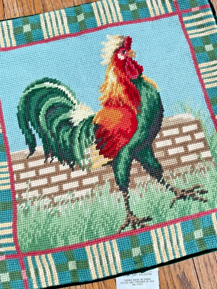 全新 羊毛 针绣 枕套 农舍 鸡母鸡 Barn Rooster Country 14 — 第 2/3 张图片