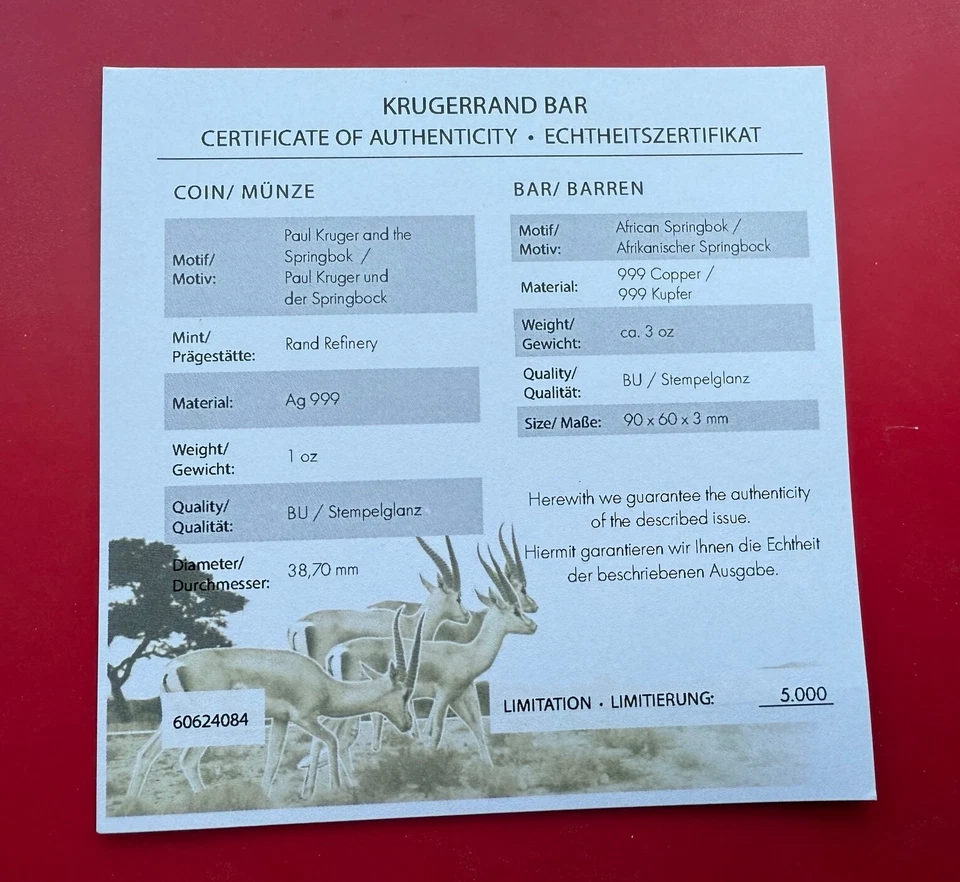 Krügerrand 2025,  1 Oz Silber im Münzbarren Kupfer ( 3 Oz ) Motiv Springbock - Bild 3 von 4