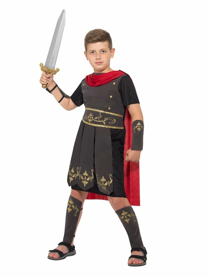 CHILD ROMAN SOLDIER GREEK GLADIATOR GUARD SPARTAN WARRIOR BOYS COSTUME BLACK RED - Image 2 of 4