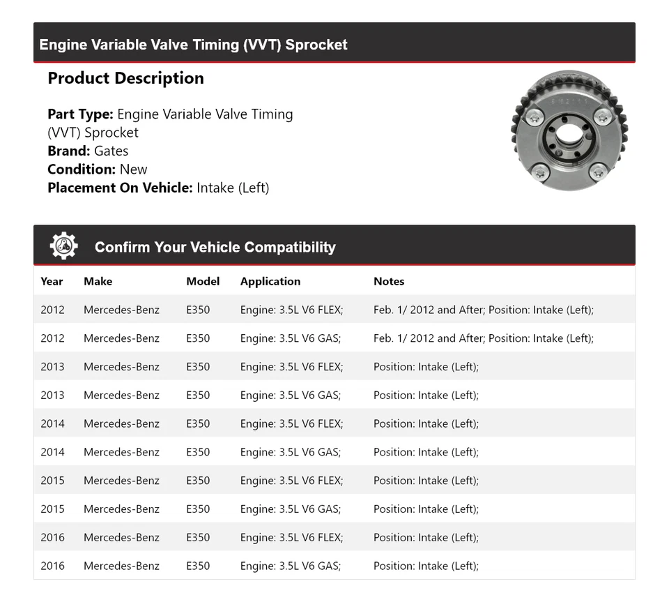 For 2012-2016 Mercedes-Benz E350 Engine VVT Sprocket Intake (Left) Gates 2013 - Image 2 of 4