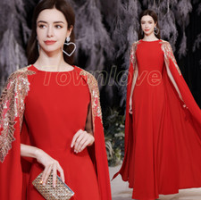 Luxurious Red Cape Gold Line Embroidery Evening Dress Cocktail Banquet Gown Sz59