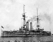 ROYAL NAVY BATTLESHIP HMS EXMOUTH 1901 PHOTOGRAPH WITH STATS & HISTORY SHEET