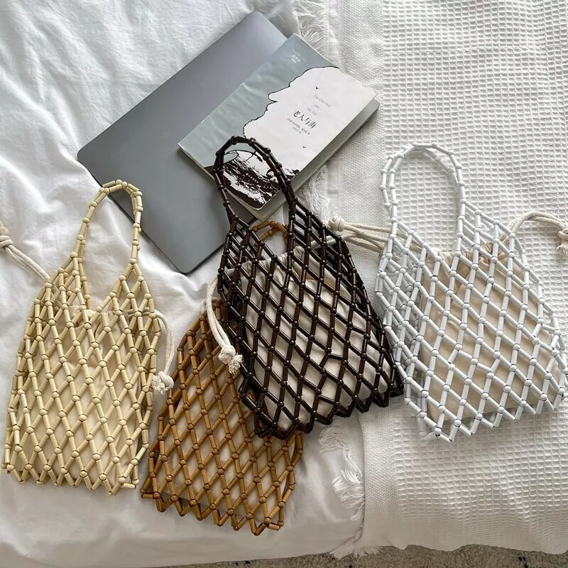 Women s Bag Hand Knitting Wooden Bead Youth Handbags Ladies Wrist