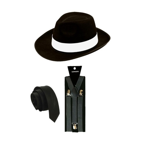 1920's GANGSTER MAFIA PIMP ADULT FANCY DRESS TIE HAT BRACES MENS OUTFIT - Picture 3 of 6