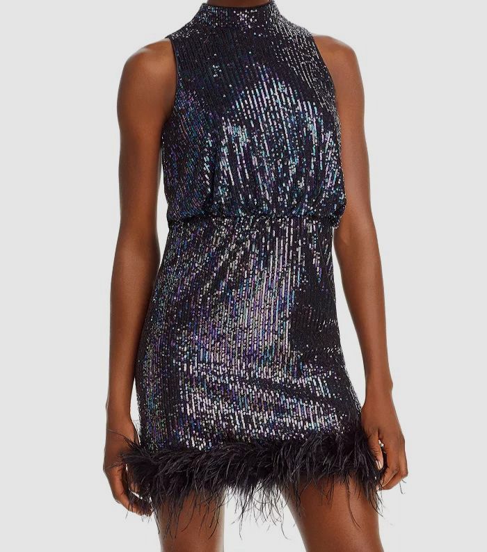 Eliza J Womens Feather Trim Sequined Cocktail and Party Dress Black 4