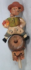 RARE! VINTAGE AUSTRIAN WOOD CARVED GIRL SITTING ON KEG POURER /BOTTLE STOPPER