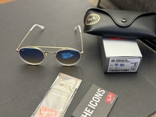 New Ray-Ban Round Double Bridge Gold Frame / Gradient Blue RB3647 Sunglasses