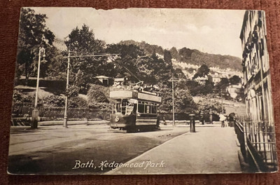 Antike AK Bath Somerset Straßenbahn Hedgemead Park Straßenszene altes Foto 1918