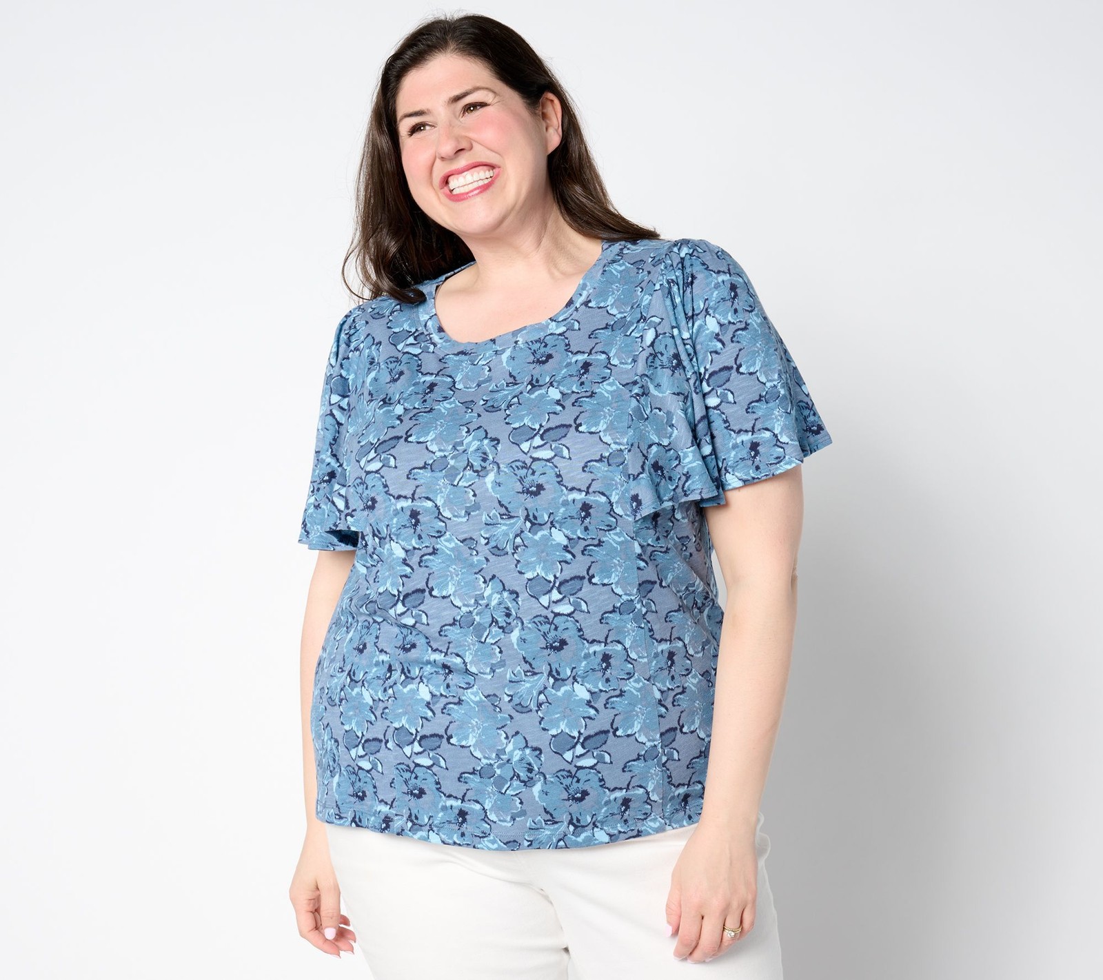 Anybody Women's Top Sz M Floral Printed Flutter Sleeve Slub Knit Blue A655189