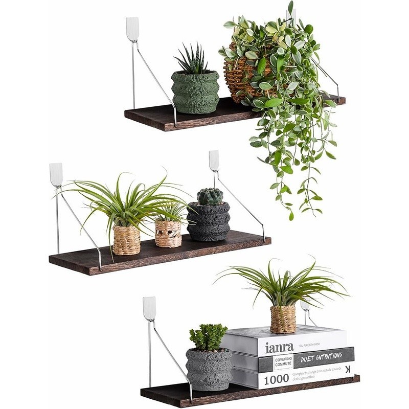 3 Pack Floating Shelves Wall Mounted Rustic Wood Storage Shelves No Drill Hooks