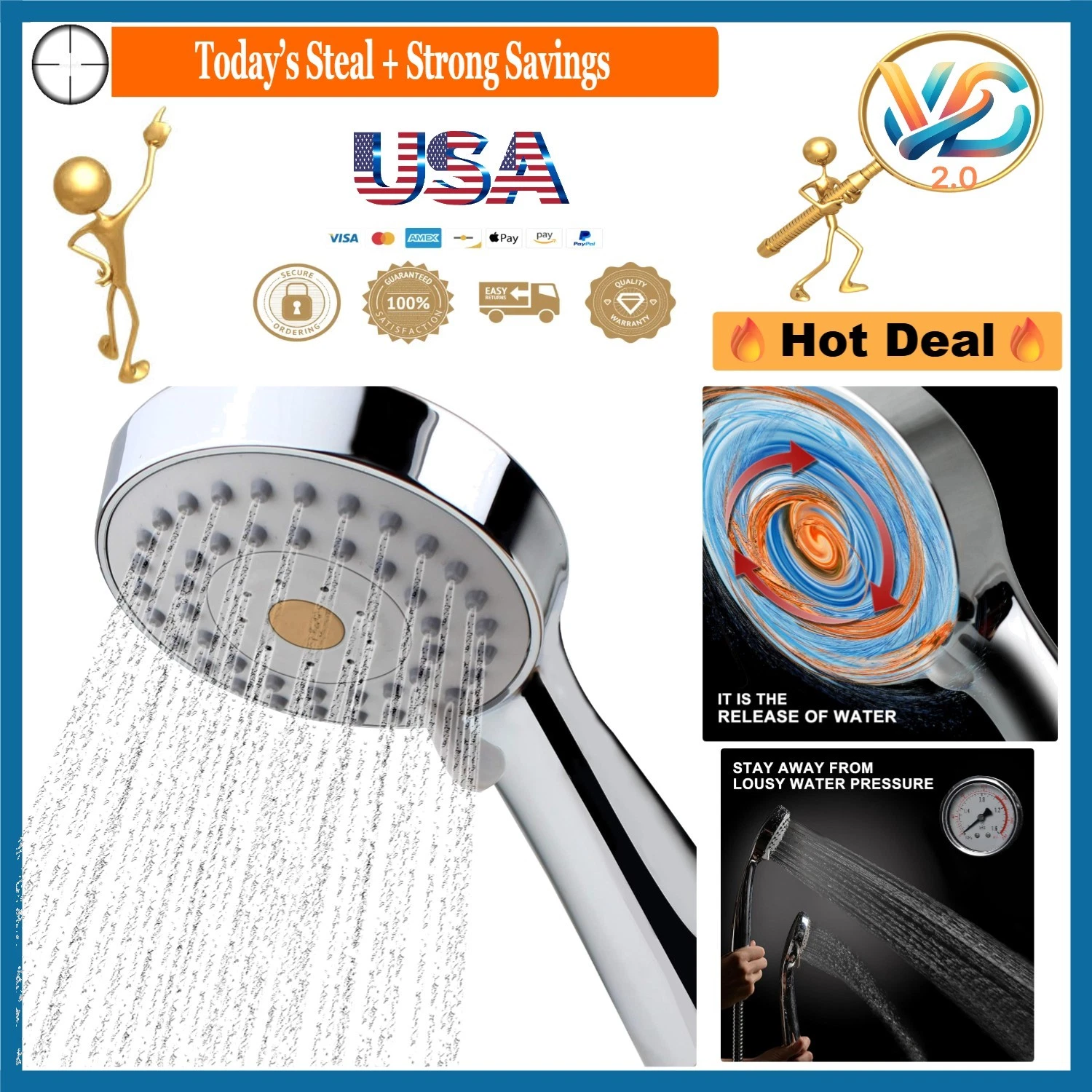 High Pressure Handheld Shower Head Chrome Finish 3 Settings 79" Hose