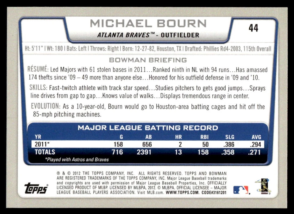 2012 Bowman Gold Michael Bourn #44 Atlanta Braves - Image 2 of 2