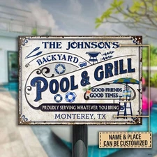 Personalized Pool Grilling Backyard Classic Metal Signs Poolside Decor Outdoors