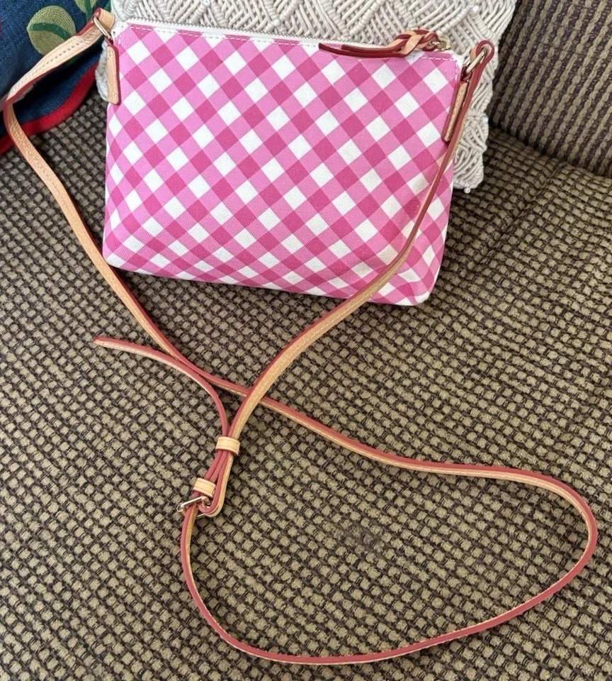 Dooney Bourke Pink & White Gingham & Vacchetta Leather Checked Crossbody Bag - Image 4 of 4