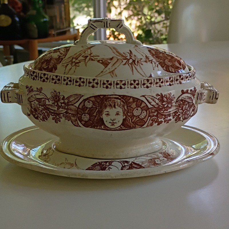 Creil Montereau Porcelain Transferware Oval Tureen w/ Lid & Underplate 1pt