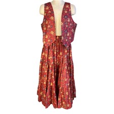 Vintage 70s Hand Made Western Red Calico Print Tiered Prairie Midi Skirt Size OS