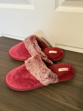Soma Vivian Mule Slippers Faux Fur Trim Cushioned Closed Toe Red/Pink 9-10