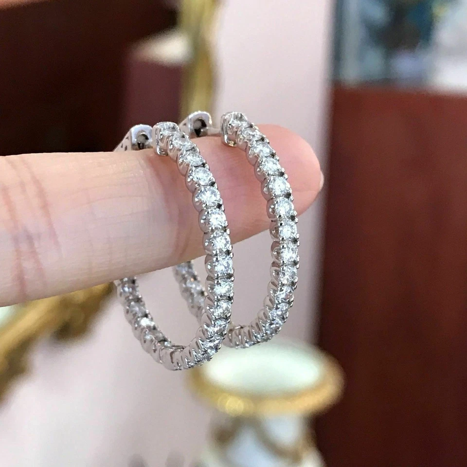 1.65Ct Round Cut Lab-Created Diamond Huggie Hoop Earrings Solid 14K White Gold - Image 2 of 4