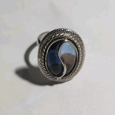 Vintage Emmons Signed Blue Adjustable Silver-Tone Labrodorite Yin-Yang Ring