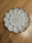Vintage Gold Edge White Milk Glass Oyster Deviled Egg Plate Anchor Hocking 10”