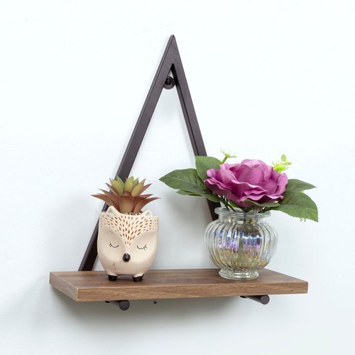 Stylish Dark Oak Triangle Wall Shelf Black Metal Frame Modern Storage Solution - Picture 4 of 8