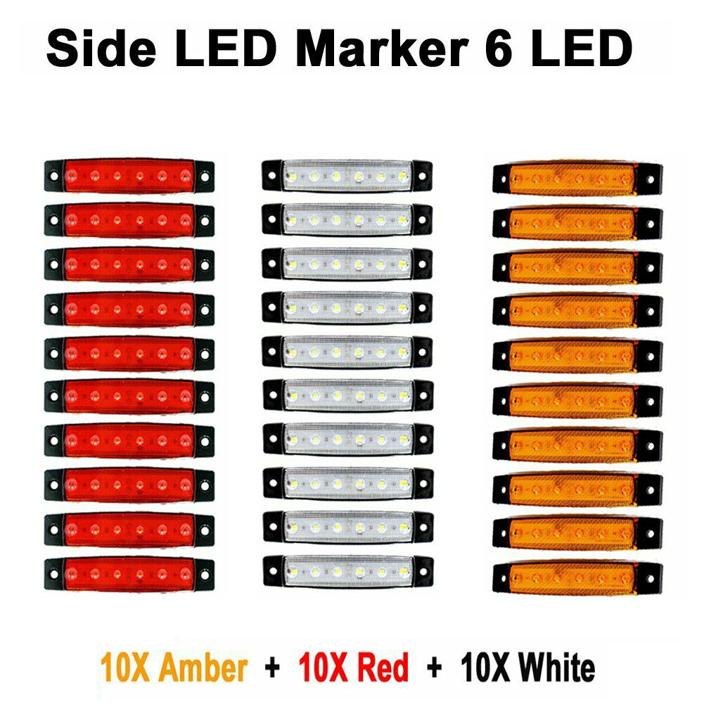 30pcs(White,Amber, Red)6LED Side Marker Signal Indicator Light for Truck Trailer
