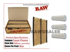 raw classic LEAN size cone W tip FULL BOX ( 800 pack)+ 3 GLASS cone holder tip