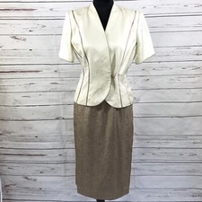 Adrianna Papell 2PC Skirt Suit 100 Silk Beige/Brown Top Short Sleeve Size 8