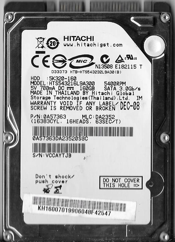 ぱるむHDD×6個セット Hitachi HTS543216L9A300 160GB Sata Hard Drive P/N: 0A57363 MLC