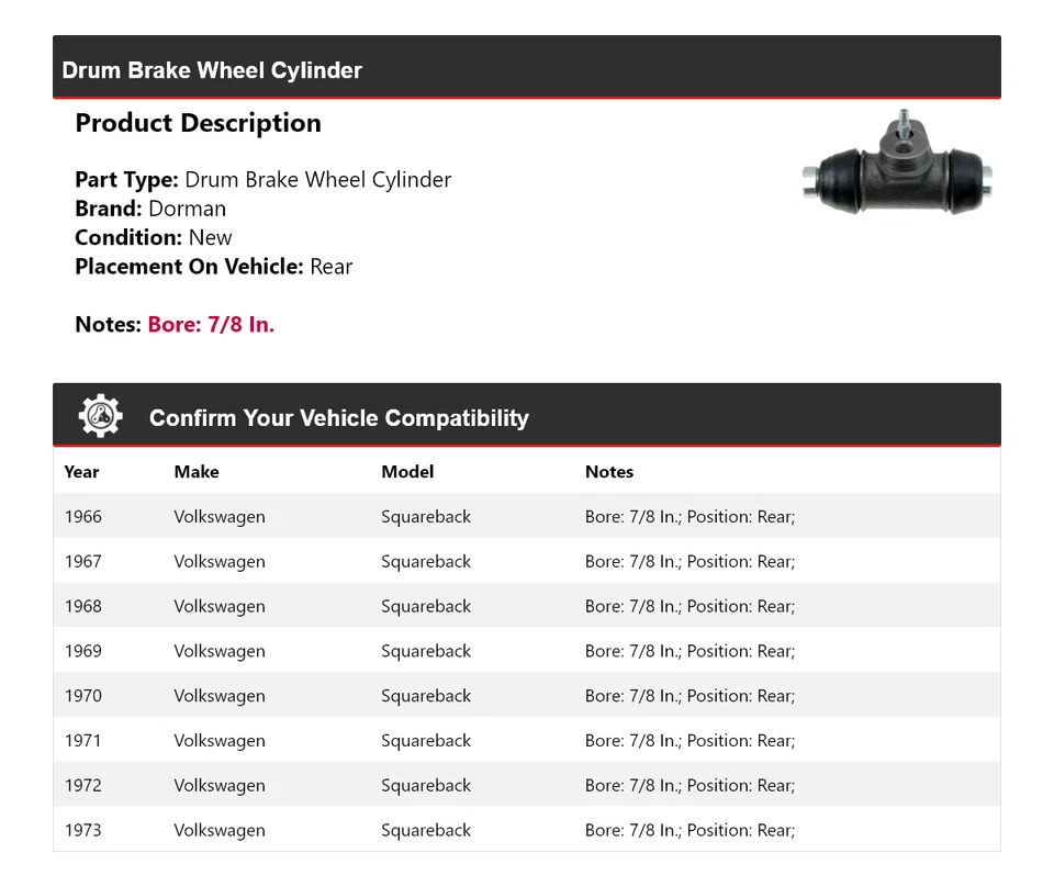 Cilindro de rueda de freno de tambor trasero 1967 para Volkswagen Squareback Dorman 1966-1973 Foto 2 de 3