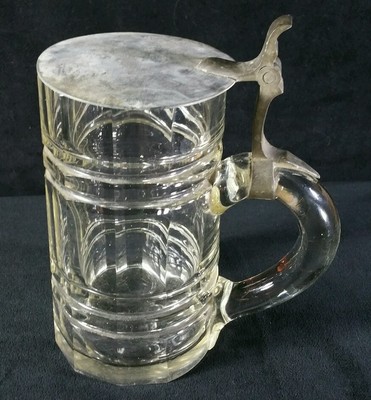 Antique Half Liter Glass Stein w Flat Pewter Lid Open Hinge Panel Sides 6'' VGOOD