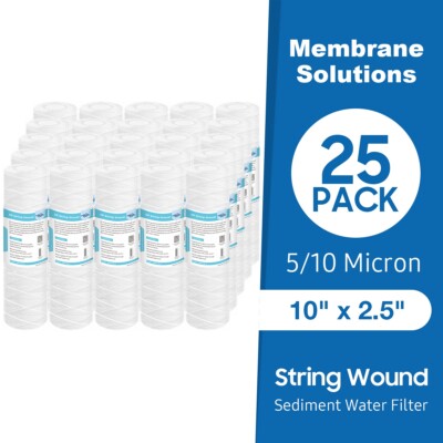 25 Pack 5/10 Micron 10''x 2.5  String Wound Sediment Water Filter PP Replacement