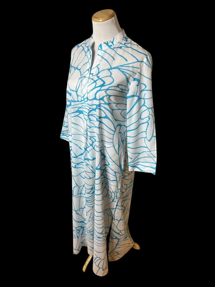 Traje de baño Natori talla S cubre bata de caftán pulóver bolsillos estampado azul algodón Foto 2 de 4