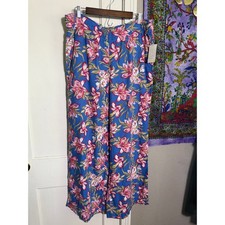 A New Day Linen Blend Floral Wide Leg Pants Women's Large Blue Pink NWT Pull On