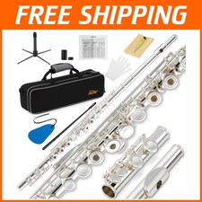 Beginner Flute Kit with Stand, Case, Gloves - Silver