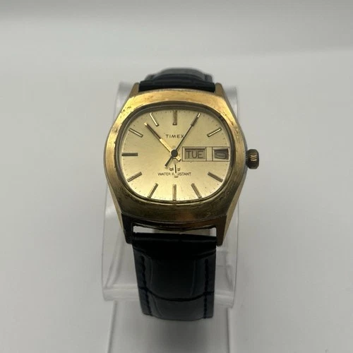 Vintage Timex Mechanical Manual Wind Gold Cushion Day-Date Water Mens Watch Runs