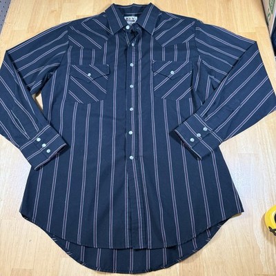 Vintage Ely Cattleman Mens Size Medium Shirt Pearl Snap Black Striped Western