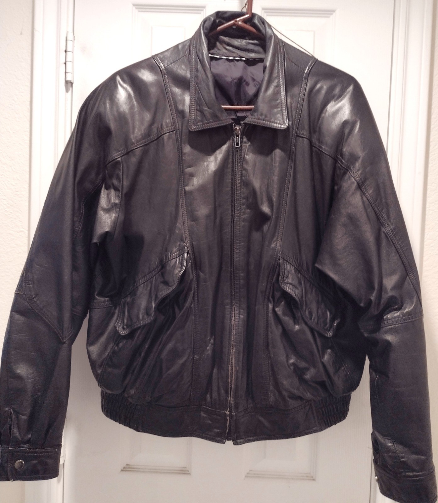 Mens Bomber Jacket, Large Black Leather Zippered 5-pocket