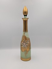Vintage Czech Green Glass Decanter Gold Rococo Raised Floral Moriage Stopper 13&rdquo;