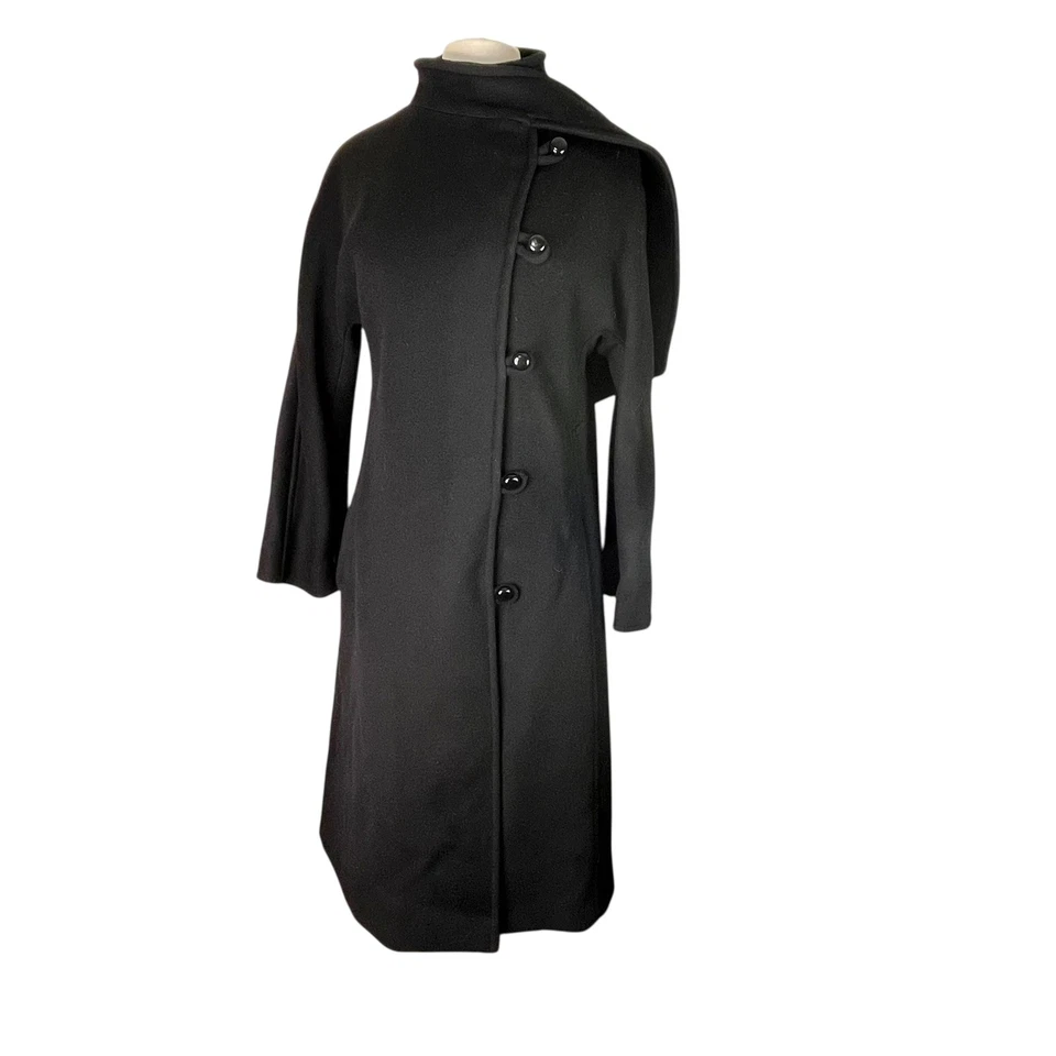 Vintage Alorna Forstmann Black Wool Asymmetrical Coat w Collar Scarf Union USA - Image 2 of 4
