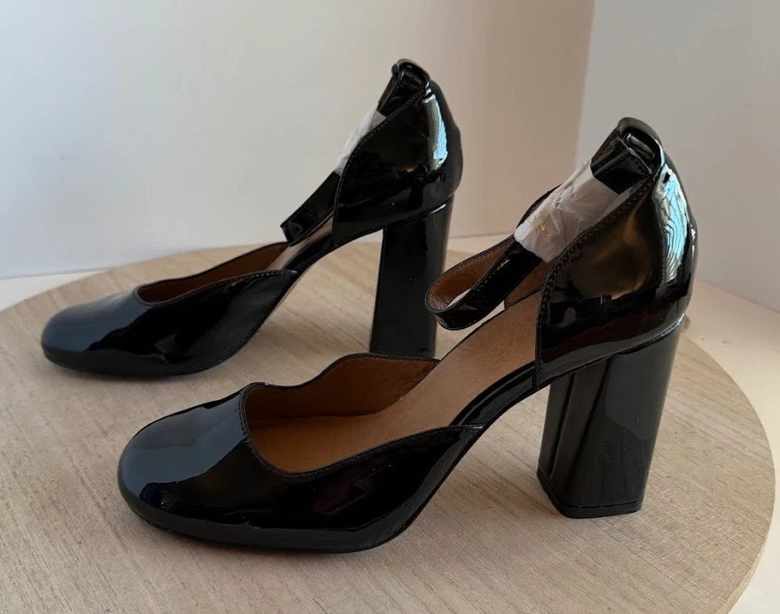 Sapatos femininos Elyse preto couro envernizado aparência salto bloco tamanho 8,5M - Imagem 4 de 4