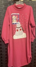 Vintage Cat Pajama Dress 90s Nightie Fuzzy Kitten Snowman Pink Nightgown med