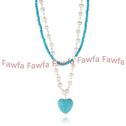 2 Row Natural White Baroque Pearl 4mm Blue Turquoise Gems Beads Pendant Necklace - Picture 4 of 5