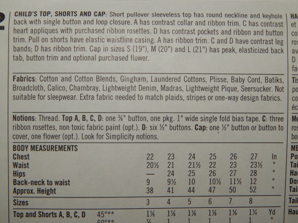 Simplicity 8102 Top Shirt Shorts Hat Sewing Pattern Girls 3 4 5 6 Summer UC - Image 3 of 4