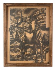 Framed Print of Pencil Drawing on Brown Paper Horses SW US Landscape Western Art