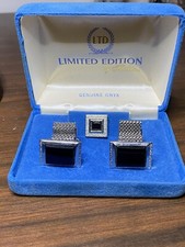 Vintage NOS genuine ONYX Silver Tone Cuff links Set In OG Case. TRADITION