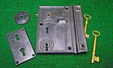 HUGE 6" RHC RIM LOCK COMPLETE w/ KEY, KEEPER, & ESCUTCHEONS -RESTORED (15804-12)
